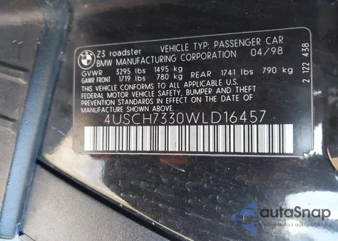 1998 BMW Z3 1.9 z USA, uszkodzony, nr VIN 4USCH7330WLD16457